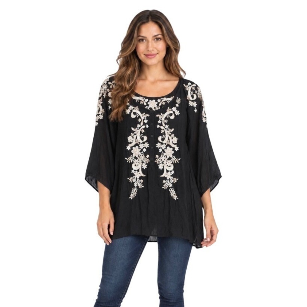 Johnny Was Embroidered Boho Blouse Black Floral Rayon Henley Top XL